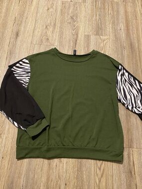 Olive Green Sweatshirt with Black & Zebra Print Sleeves